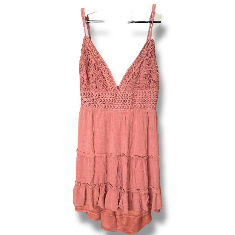 Rue21 XL Boho Crochet Lace Tiered Mini Dress Rust Pink Open Back